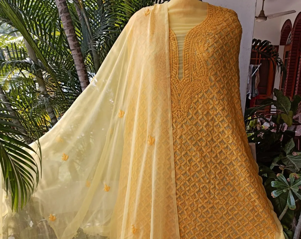 Fancy Haldi Yellow unique Georgette Chikankari Salwar Suit Set unstitched online