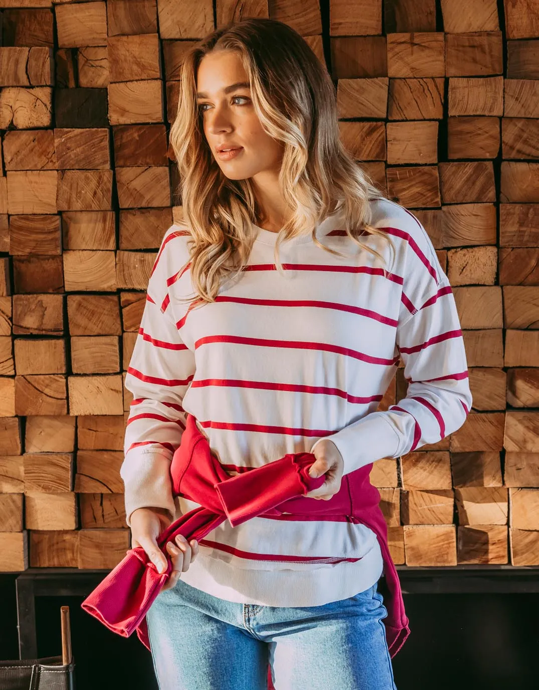 Farrah Stripe Long Sleeve - White/Beetroot Red Stripe