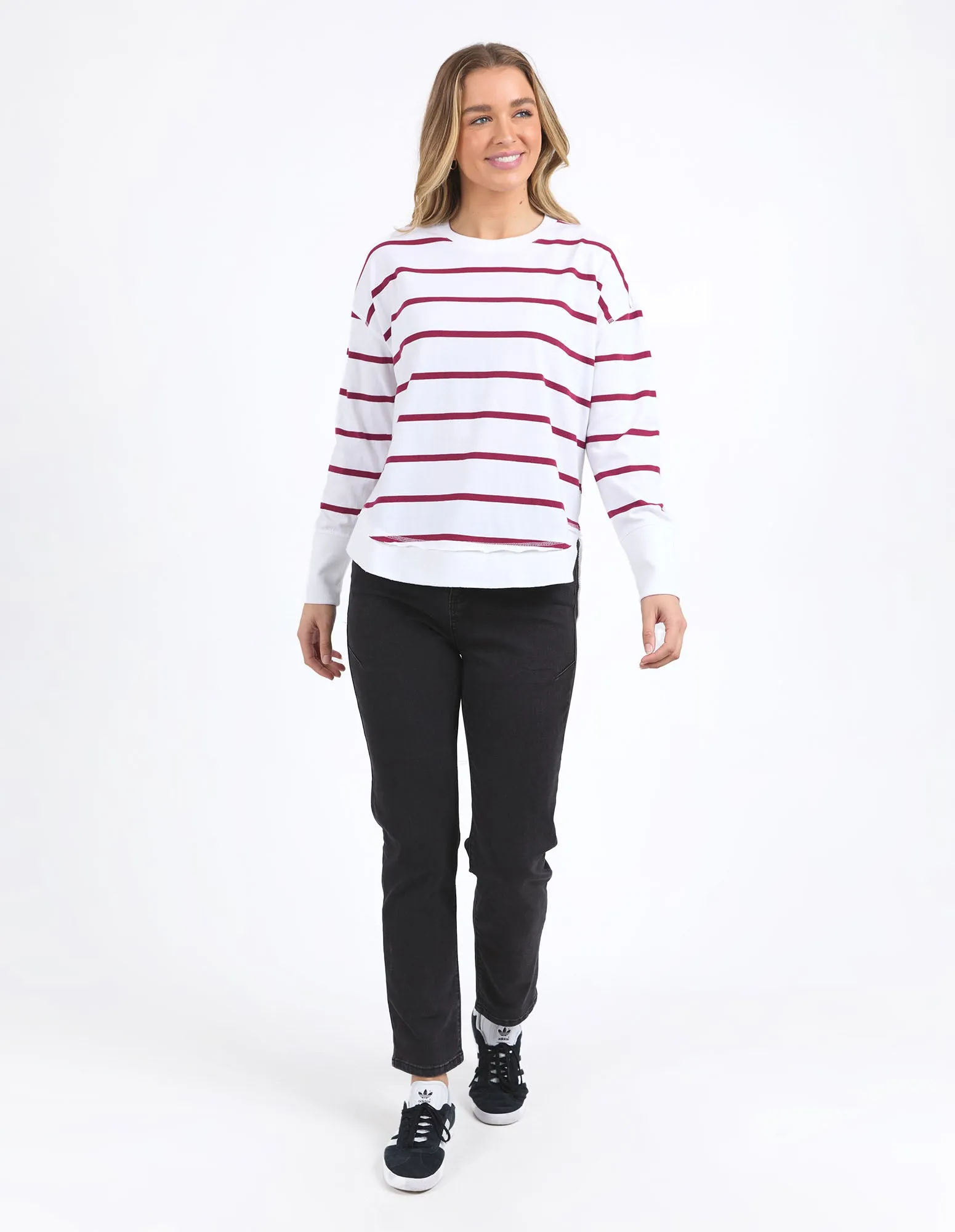 Farrah Stripe Long Sleeve - White/Beetroot Red Stripe