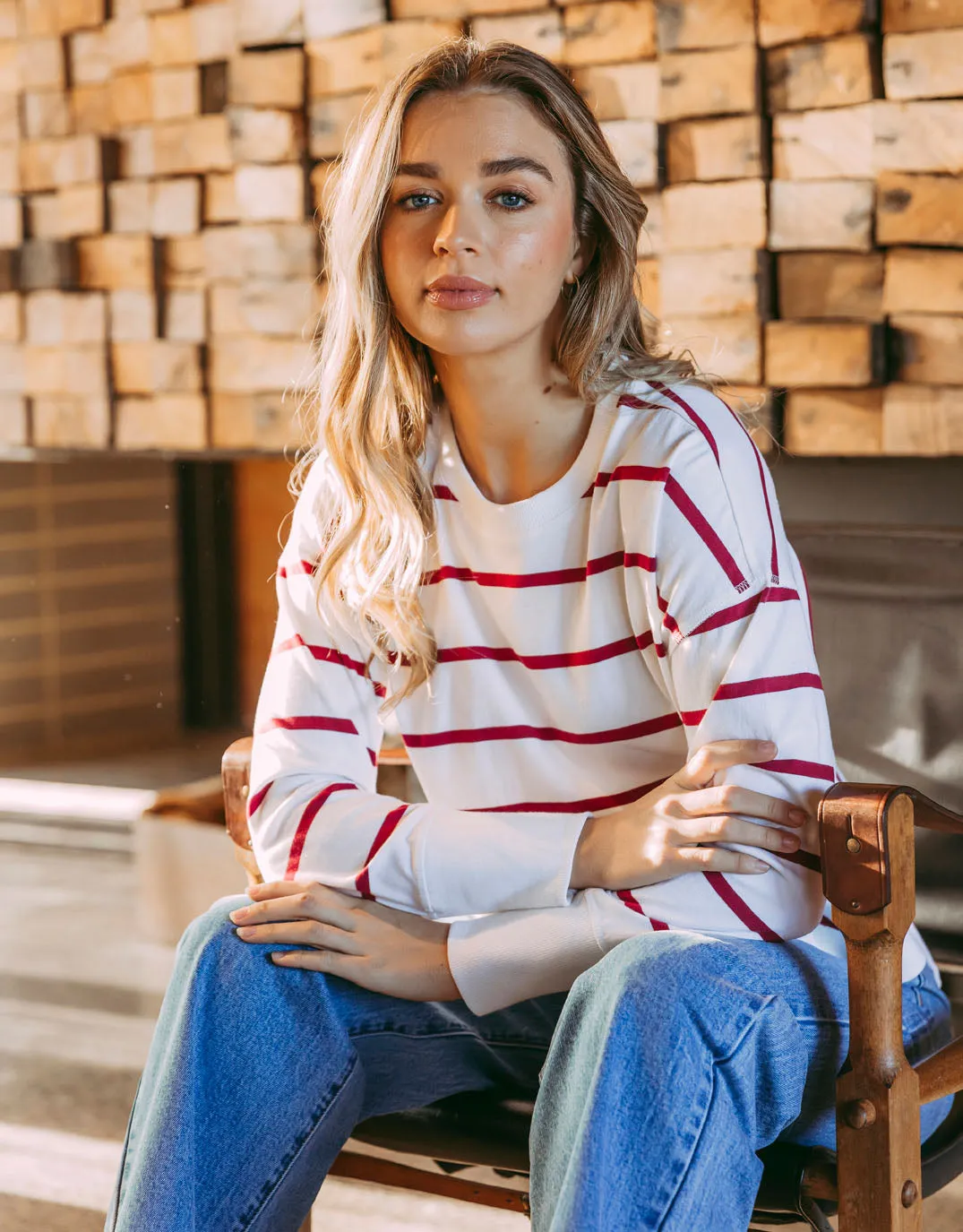 Farrah Stripe Long Sleeve - White/Beetroot Red Stripe