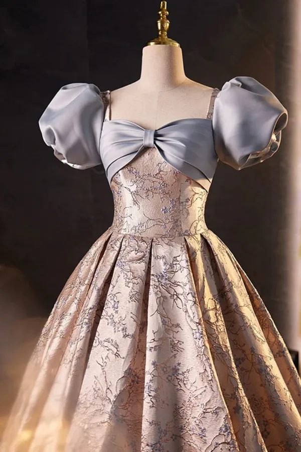 Fashion Floor Length Printing Prom Dresses, A Line Short Sleeve Backless Evening Formal Dresses APP0851