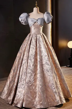 Fashion Floor Length Printing Prom Dresses, A Line Short Sleeve Backless Evening Formal Dresses APP0851