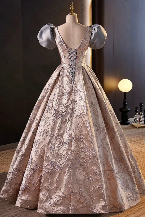 Fashion Floor Length Printing Prom Dresses, A Line Short Sleeve Backless Evening Formal Dresses APP0851