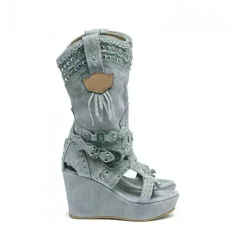 Fashion High Heel Canvas Denim Wedge  Sandals Hollow-out Women's Shoes