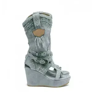 Fashion High Heel Canvas Denim Wedge  Sandals Hollow-out Women's Shoes