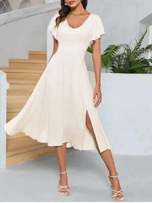 Fashion Milk Silk Midi Dress Lady Sweet Ruffle Sleeve Sweetheart Dresses Split 2 Layers Elastic Robe Party Club Vestidos