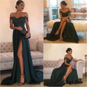 Floor-Length Off-the-Shoulder Lace Navy Blue Prom Dresses Long Split