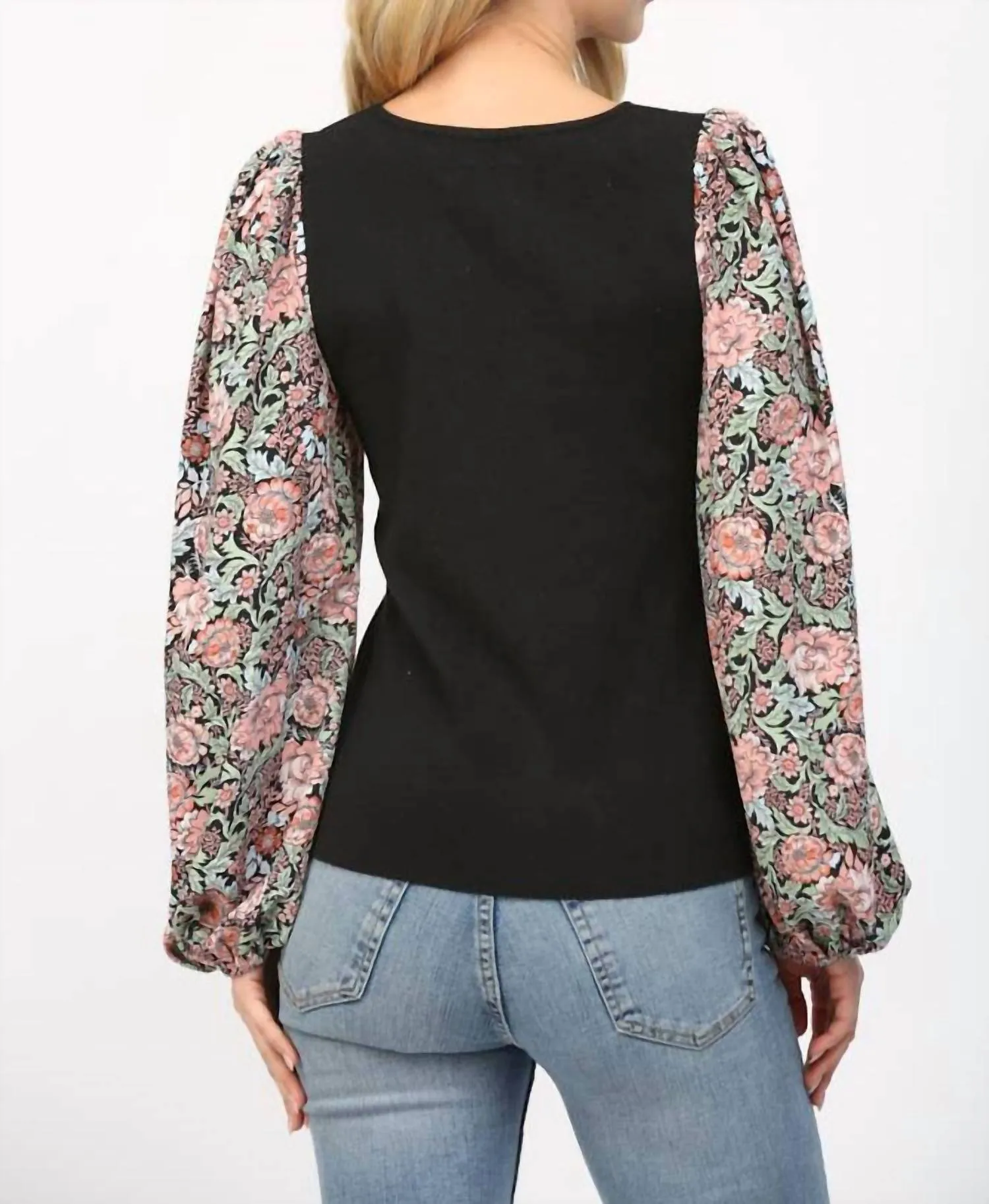 Floral Balloon Sleeve Round Neck Sweater In Black Multi