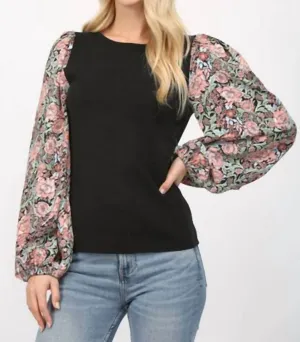 Floral Balloon Sleeve Round Neck Sweater In Black Multi