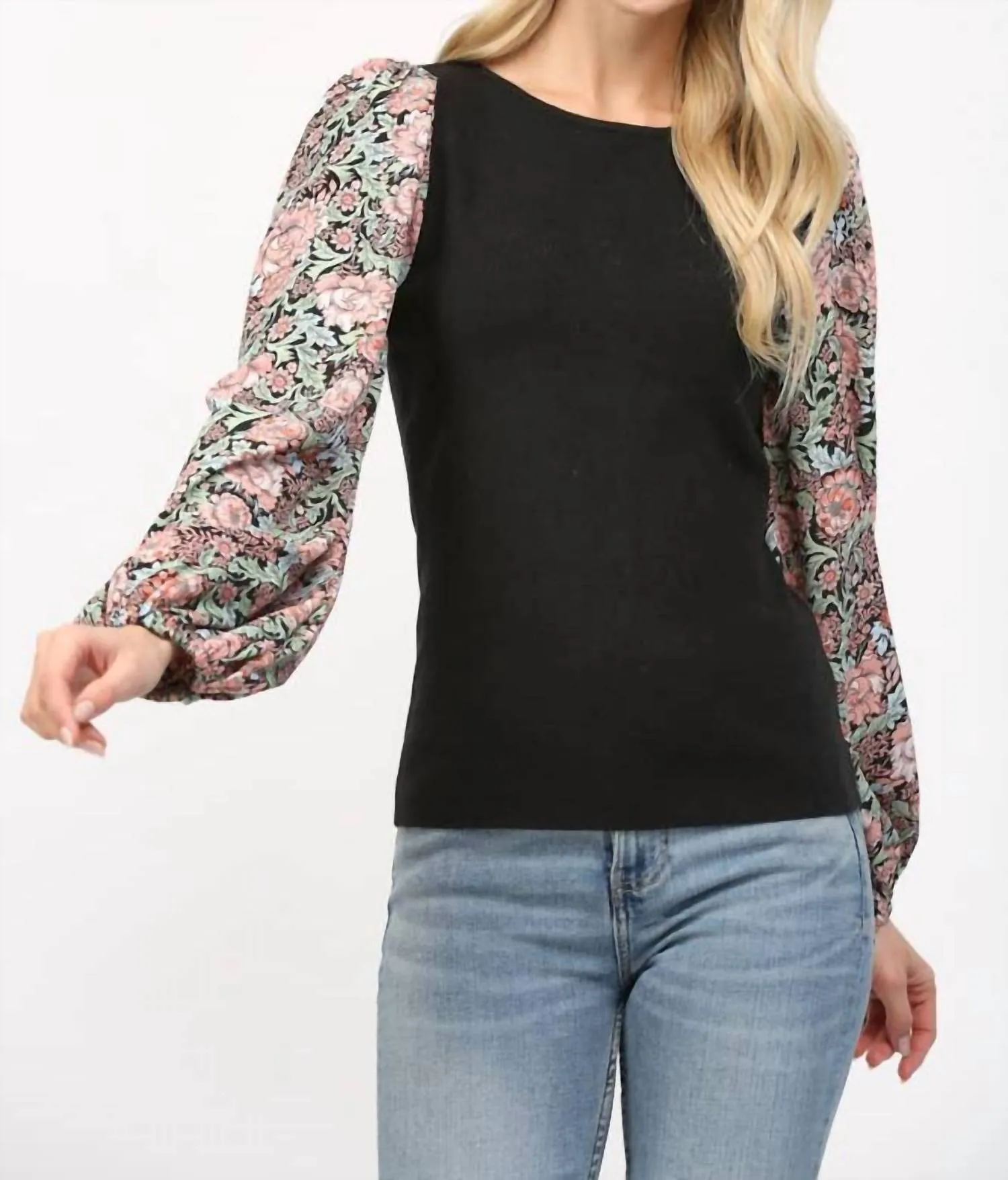 Floral Balloon Sleeve Round Neck Sweater In Black Multi