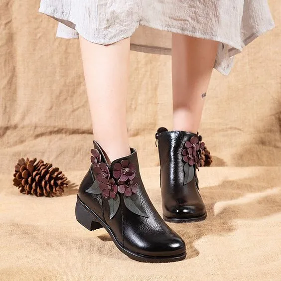 Floral Design Ethnic Leather Short Boots
