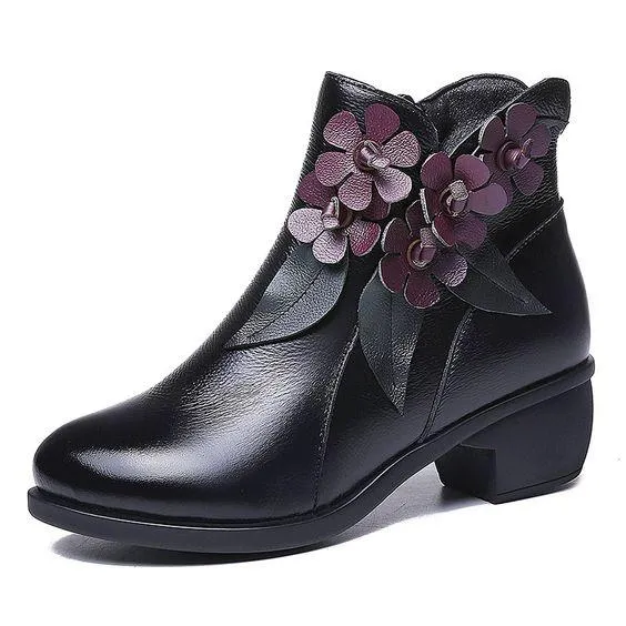 Floral Design Ethnic Leather Short Boots