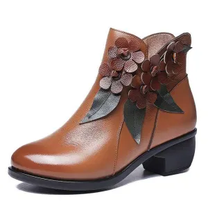 Floral Design Ethnic Leather Short Boots