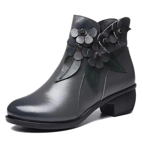 Floral Design Ethnic Leather Short Boots