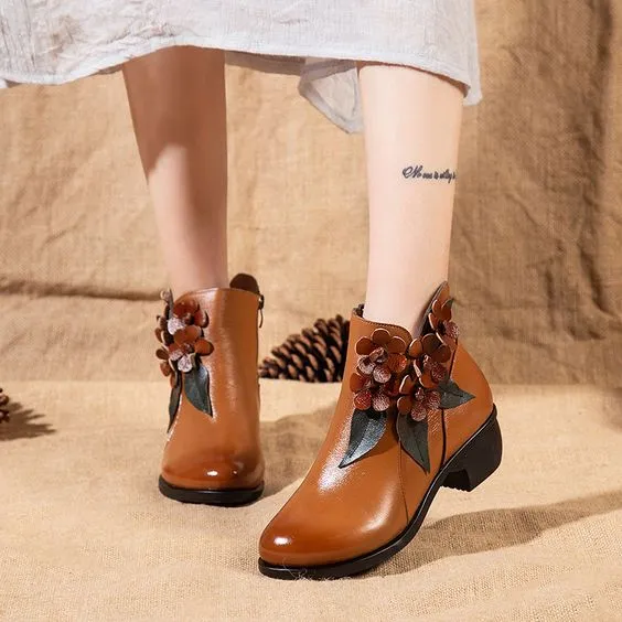 Floral Design Ethnic Leather Short Boots