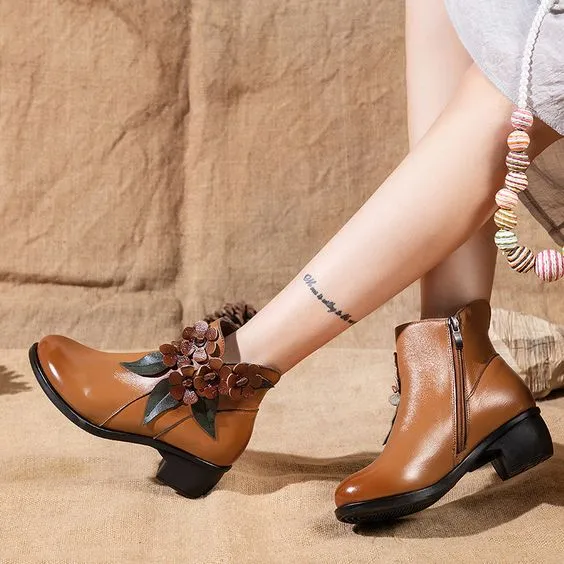 Floral Design Ethnic Leather Short Boots