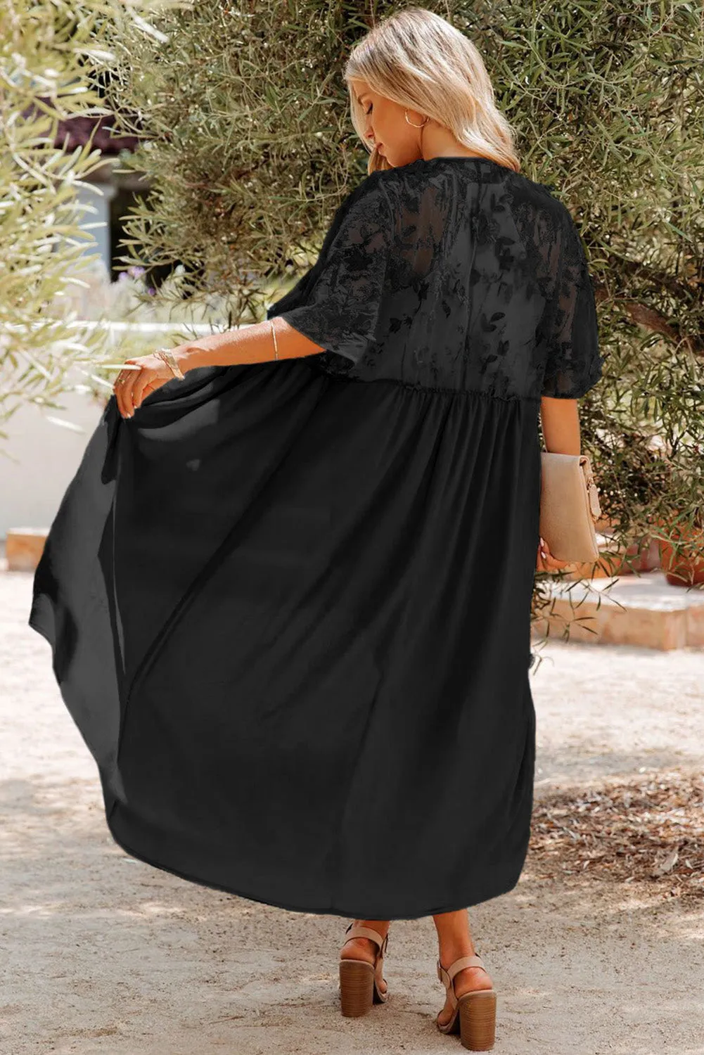 Floral Mesh Lace Crochet Open Front Kimono