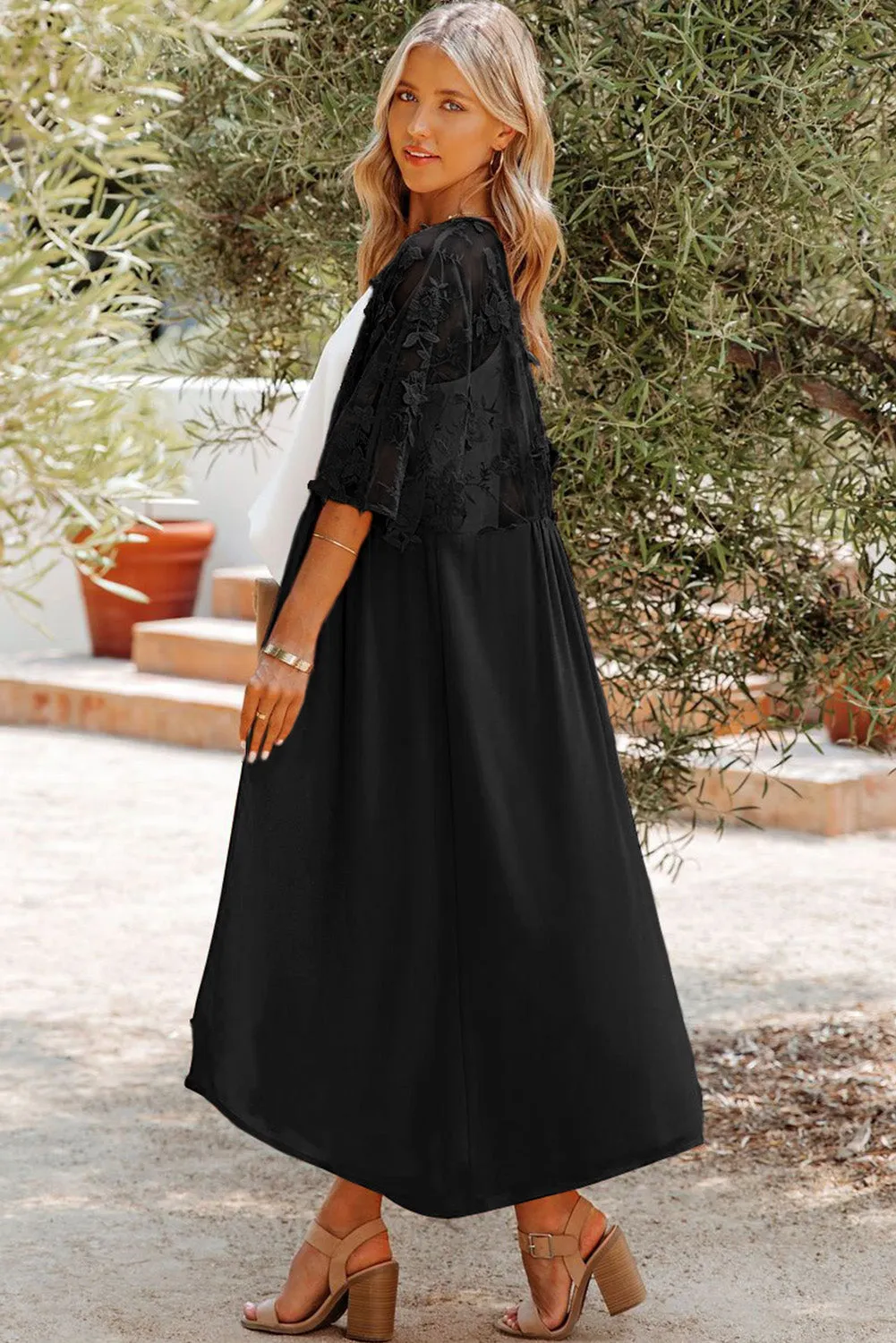 Floral Mesh Lace Crochet Open Front Kimono