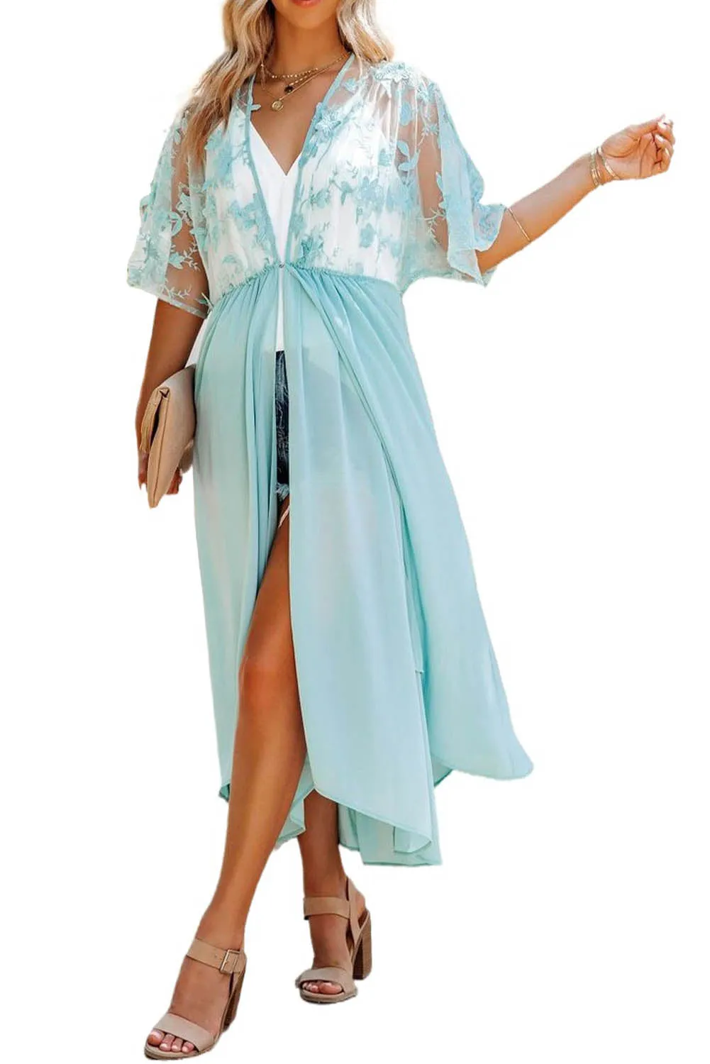Floral Mesh Lace Crochet Open Front Kimono