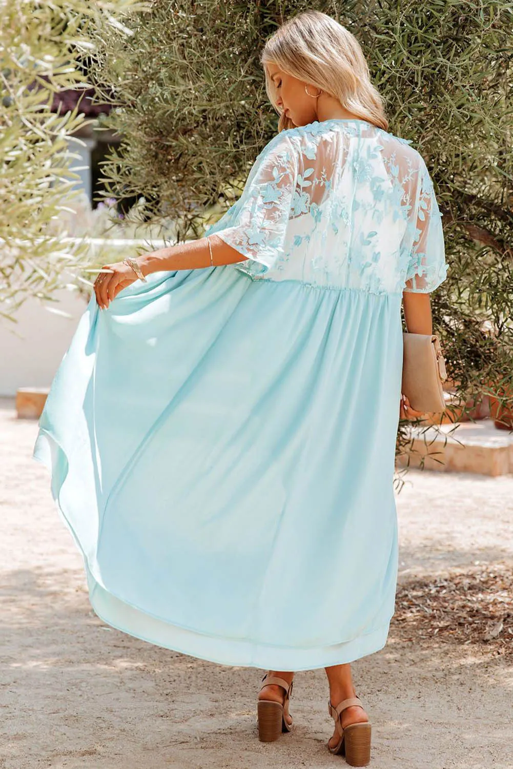 Floral Mesh Lace Crochet Open Front Kimono