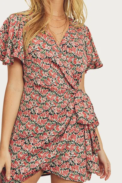 FLORAL-PRINT SATIN WRAP MINI DRESS