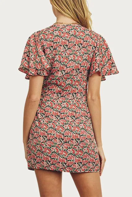 FLORAL-PRINT SATIN WRAP MINI DRESS