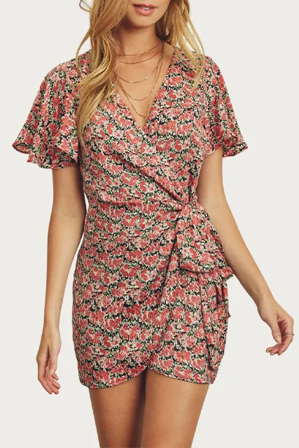 FLORAL-PRINT SATIN WRAP MINI DRESS