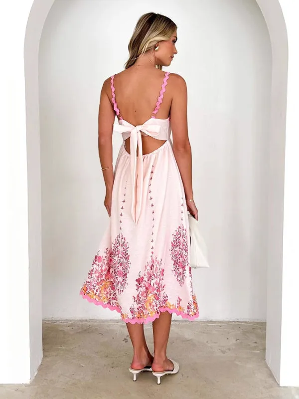 Floral Tea-Length Cocktail Dress with Bowknot Back