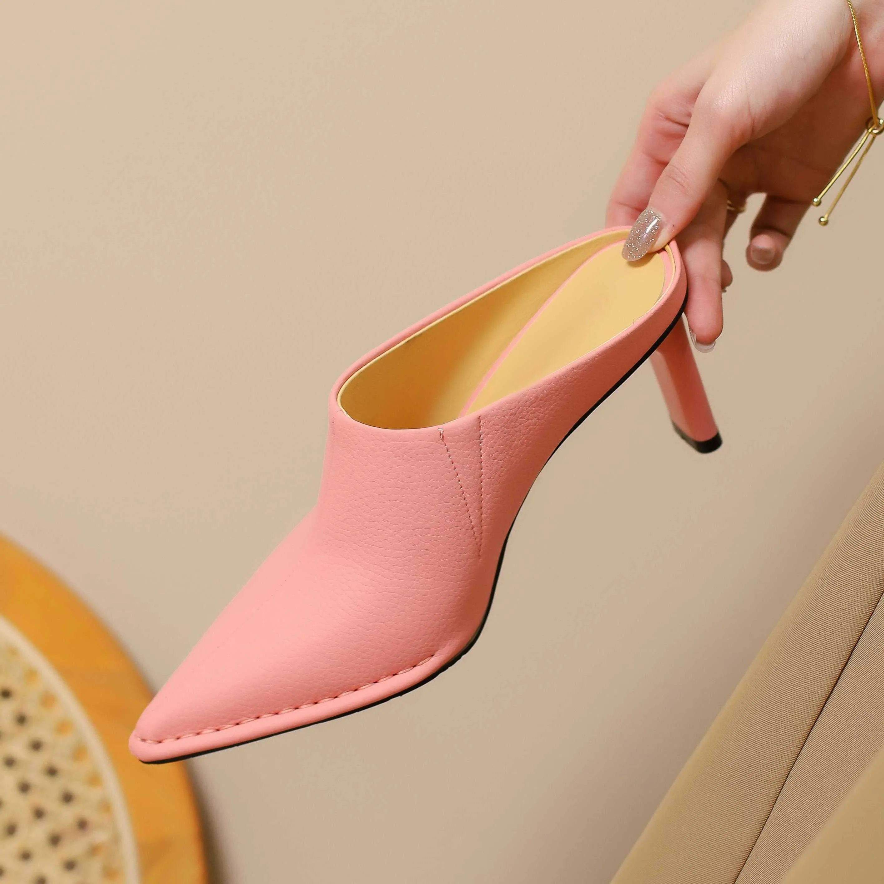 Full Grain Leather Pointed Toe Stiletto High Heels Candy Colors