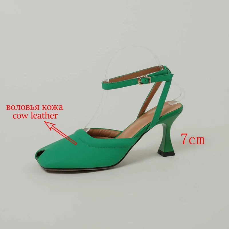 Genuine Leather Peep Toe High Heels Slingbacks Frenchelegant
