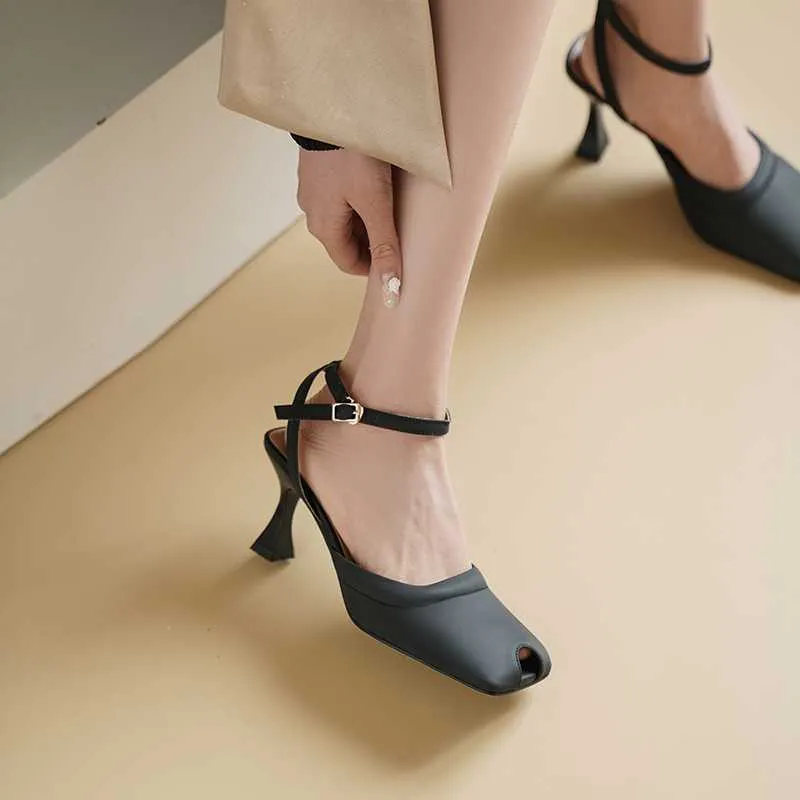 Genuine Leather Peep Toe High Heels Slingbacks Frenchelegant