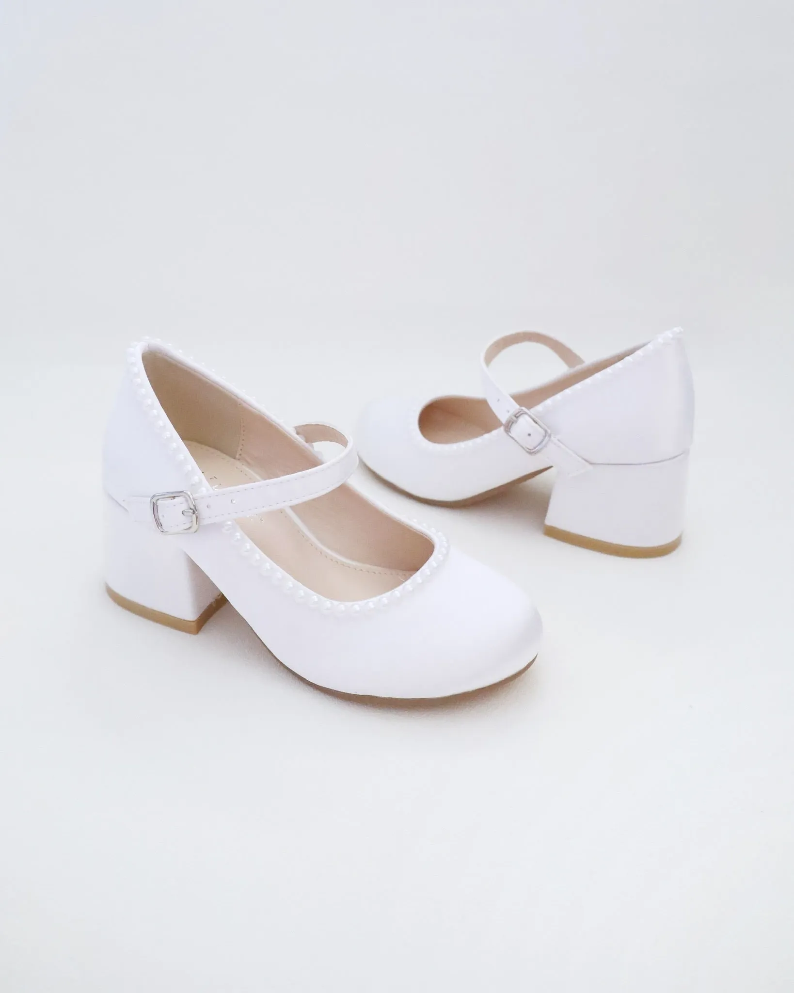 Girls Satin Mary Jane Block Heel with Mini Pearls