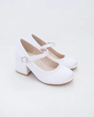 Girls Satin Mary Jane Block Heel with Mini Pearls