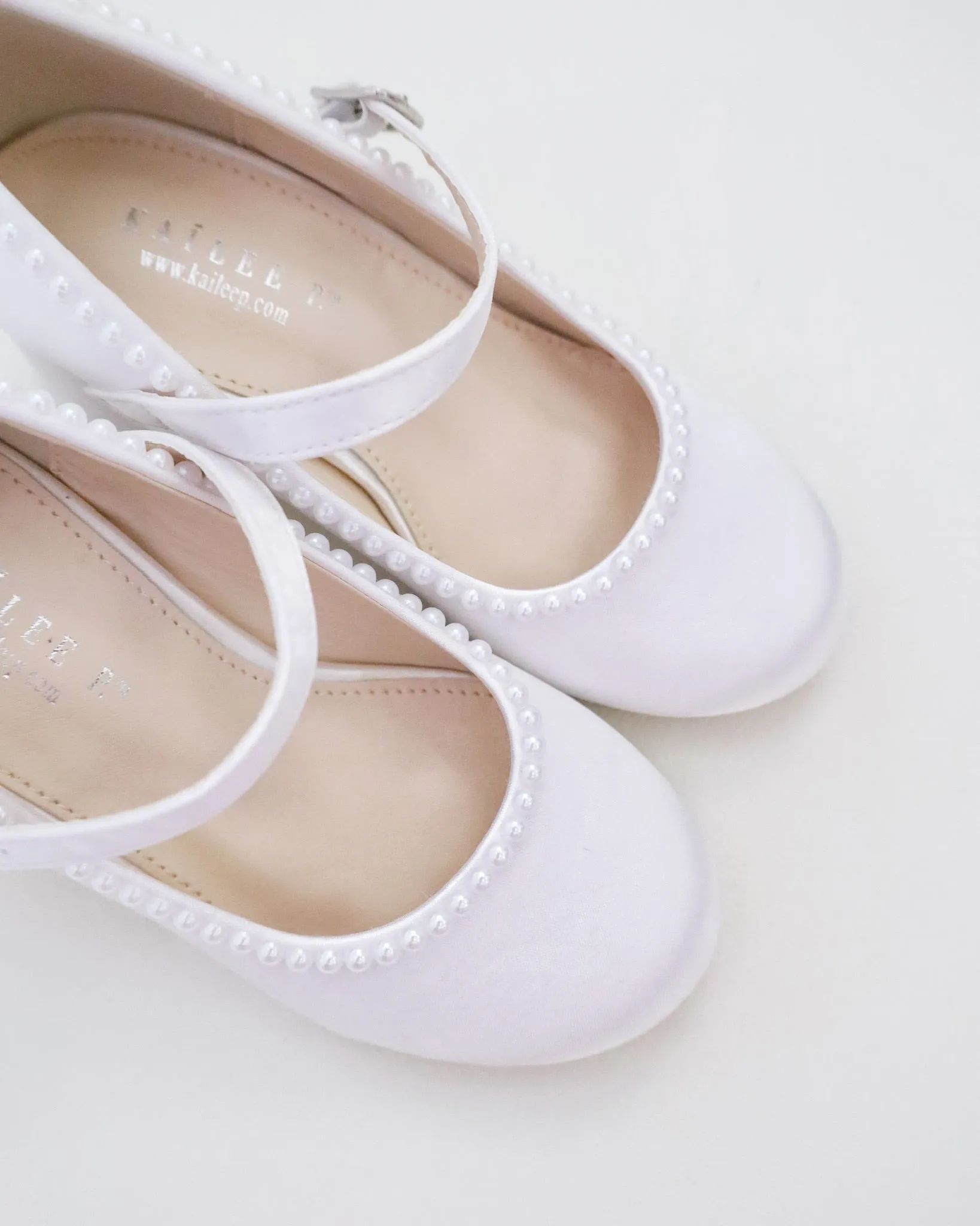 Girls Satin Mary Jane Block Heel with Mini Pearls