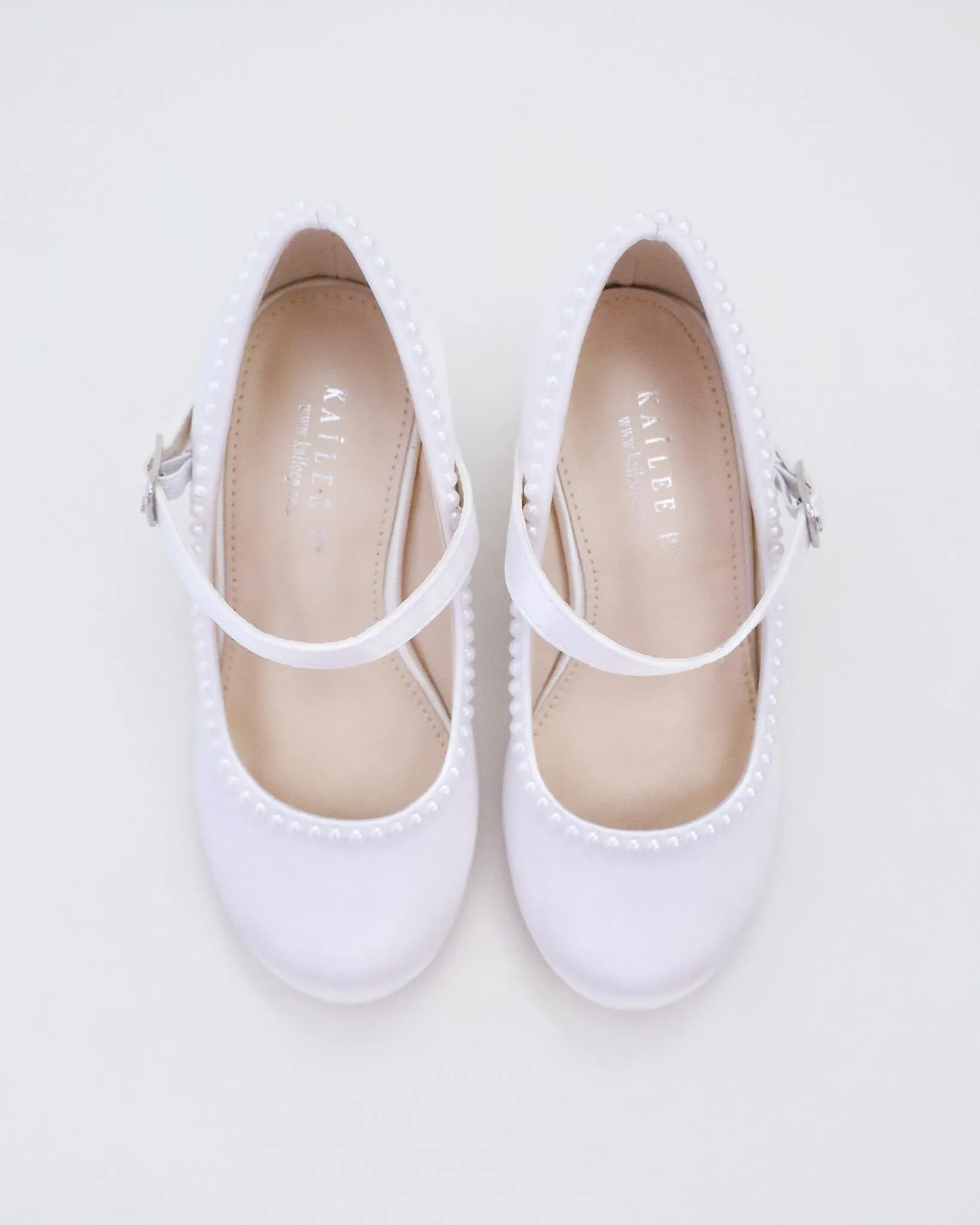 Girls Satin Mary Jane Block Heel with Mini Pearls