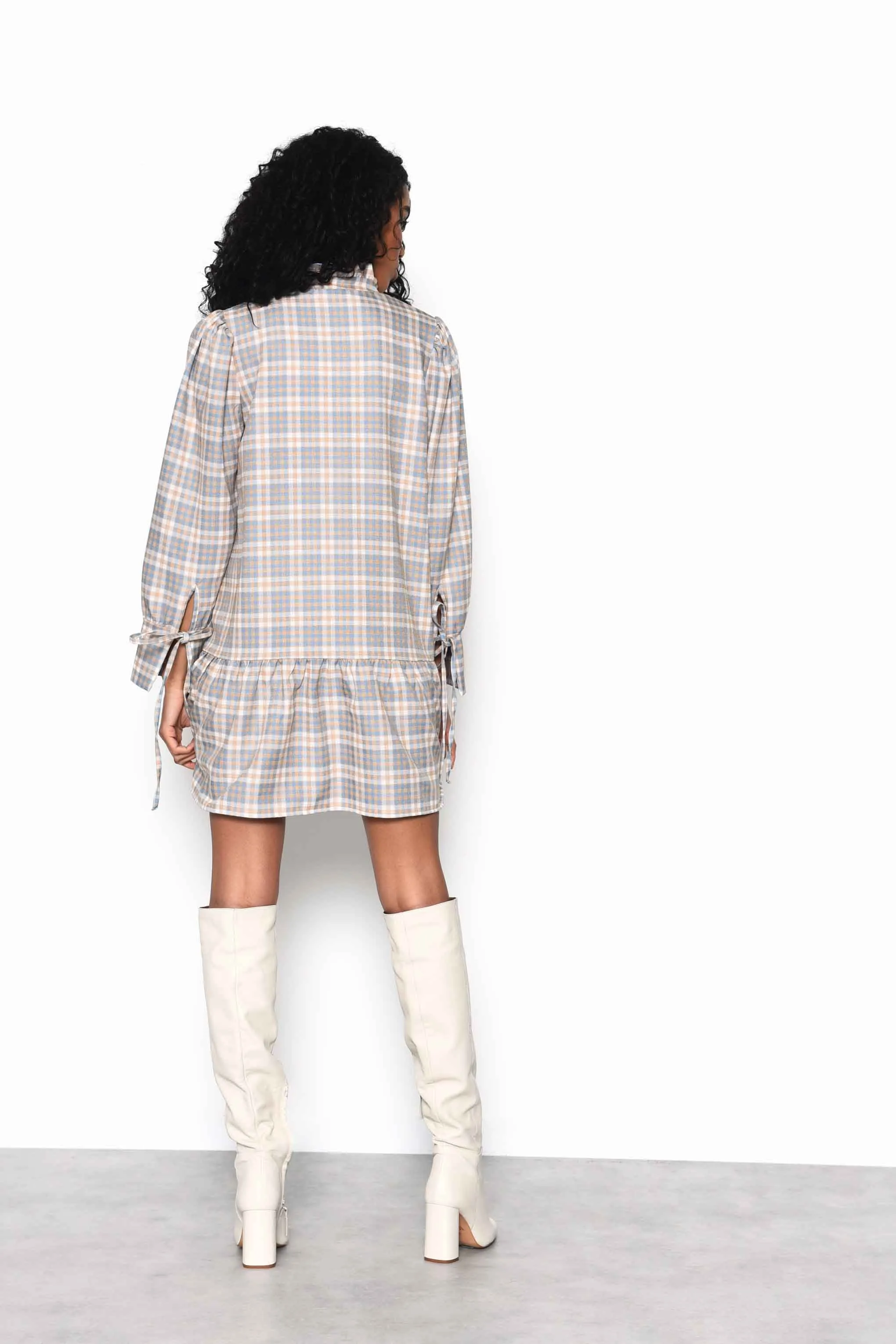 Glamorous Light Blue Multi Check Tiered Mini Dress with Neck Ruffle
