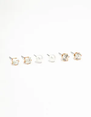 Gold Diamante & Pearl Stud Earrings 3-Pack