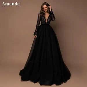 Gothic Black Long Sleeve Prom Dress