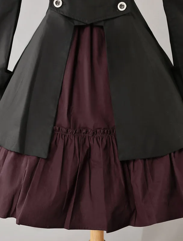 Gothic Lolita Dress OP Military Style Black Cotton Double Breasted Button Long Sleeve Bow Ruffled Lolita One Piece Dress