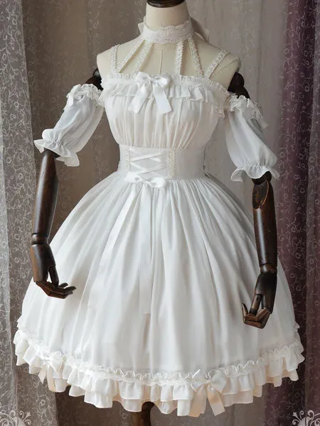 Gothic Lolita OP One Piece Dress Magic Tea Party Ruffles Bows Printed Chiffon Short Sleeve Black Lolita Dresses