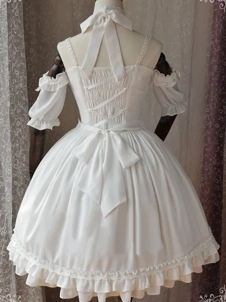 Gothic Lolita OP One Piece Dress Magic Tea Party Ruffles Bows Printed Chiffon Short Sleeve Black Lolita Dresses