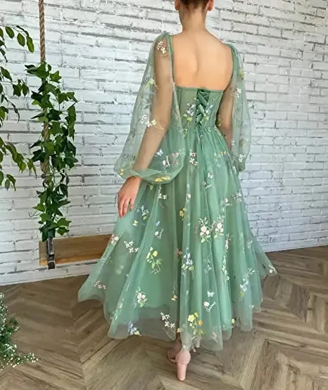 Green Puffy Sleeve Prom Gown