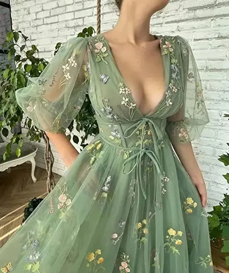 Green Puffy Sleeve Prom Gown