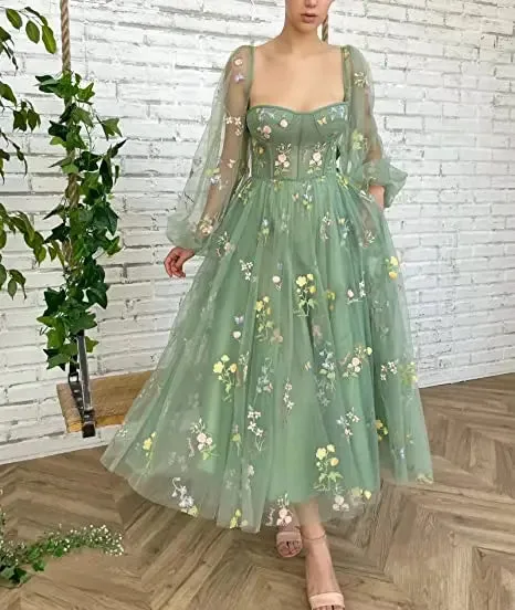 Green Puffy Sleeve Prom Gown