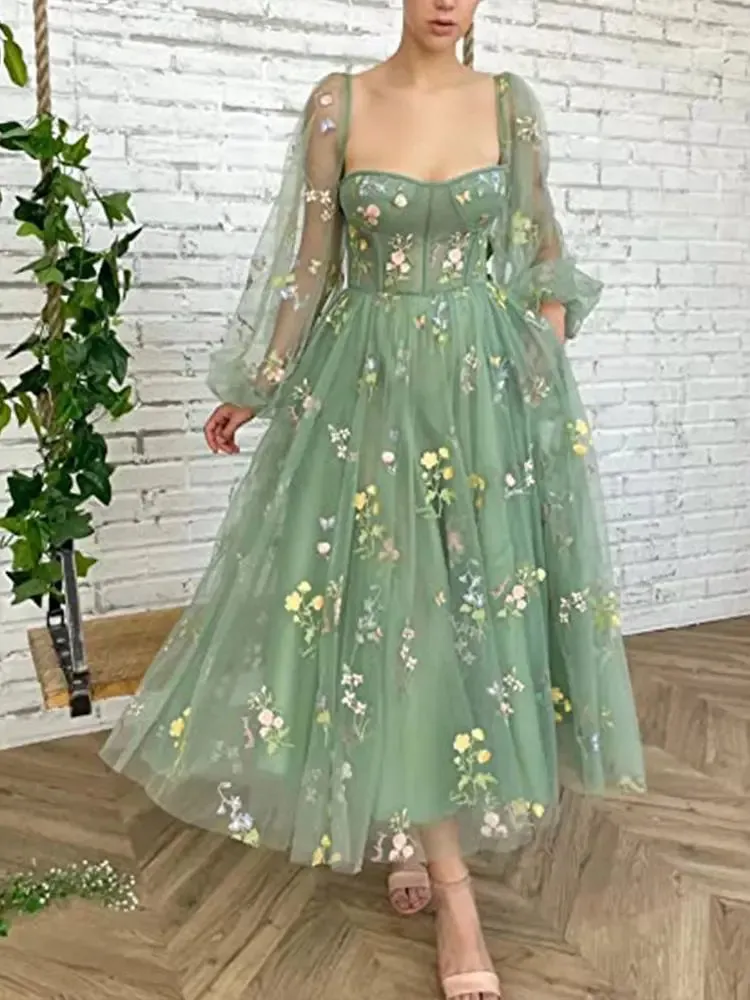 Green Puffy Sleeve Prom Gown