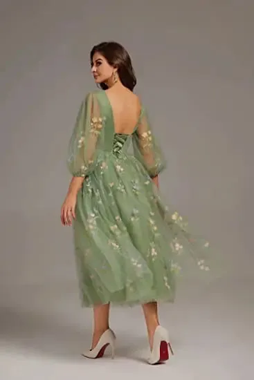 Green Puffy Sleeve Prom Gown