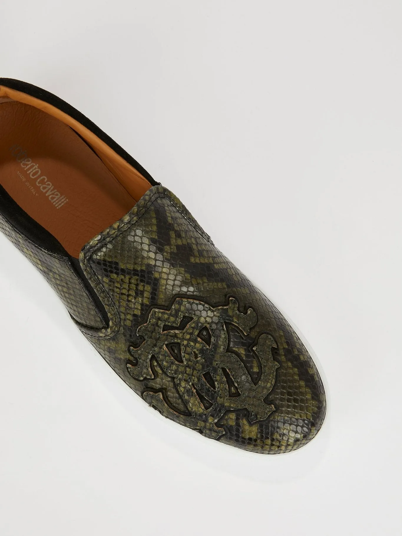 Green Snake-Effect Slip On Sneakers