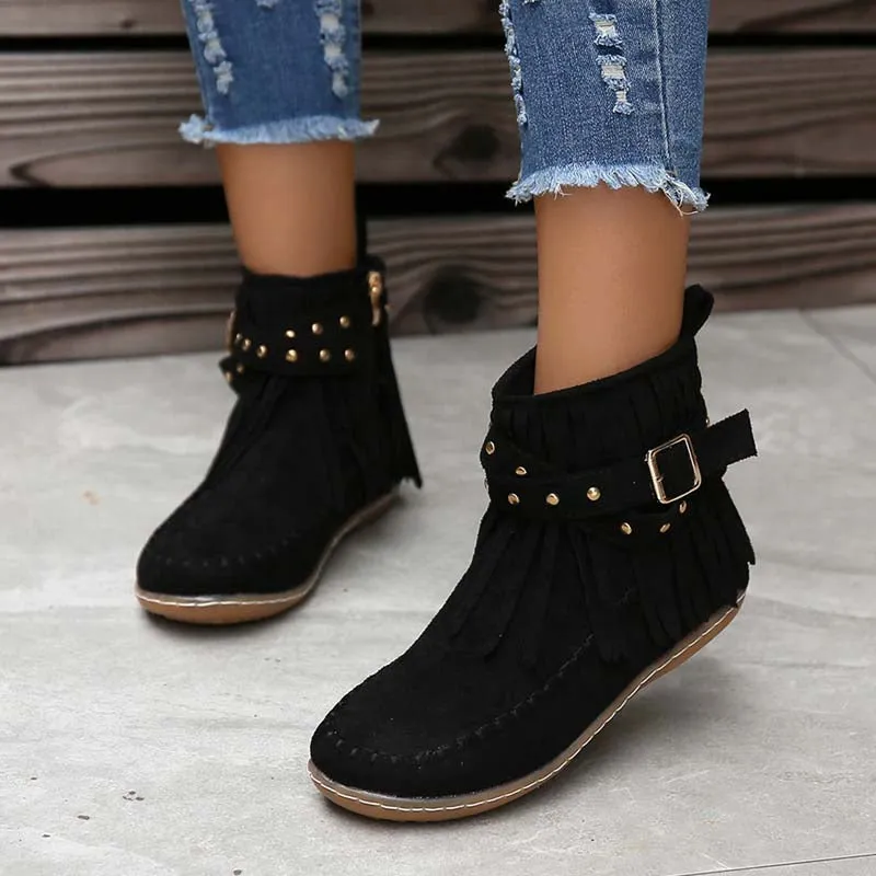 GS Boho Boot | Boho enkellaars met franjes en gespen voor dames