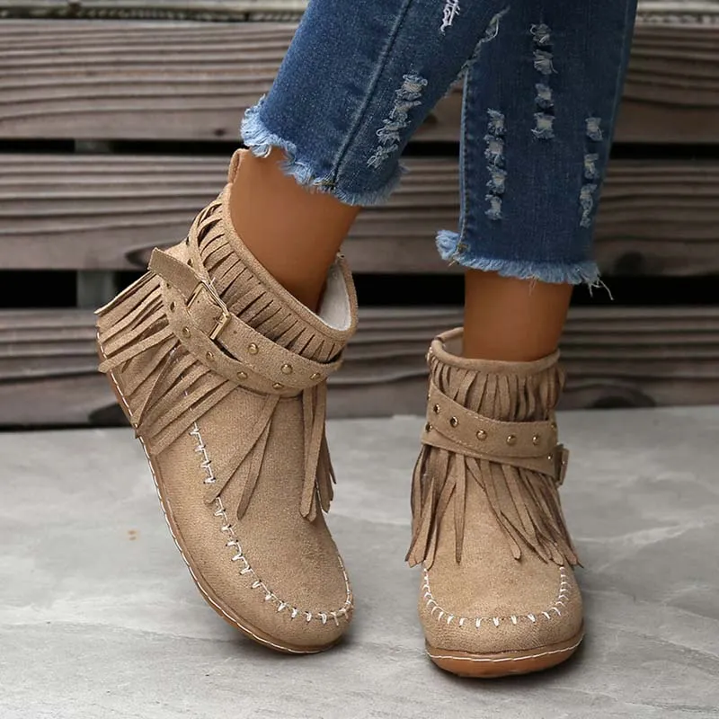 GS Boho Boot | Boho enkellaars met franjes en gespen voor dames
