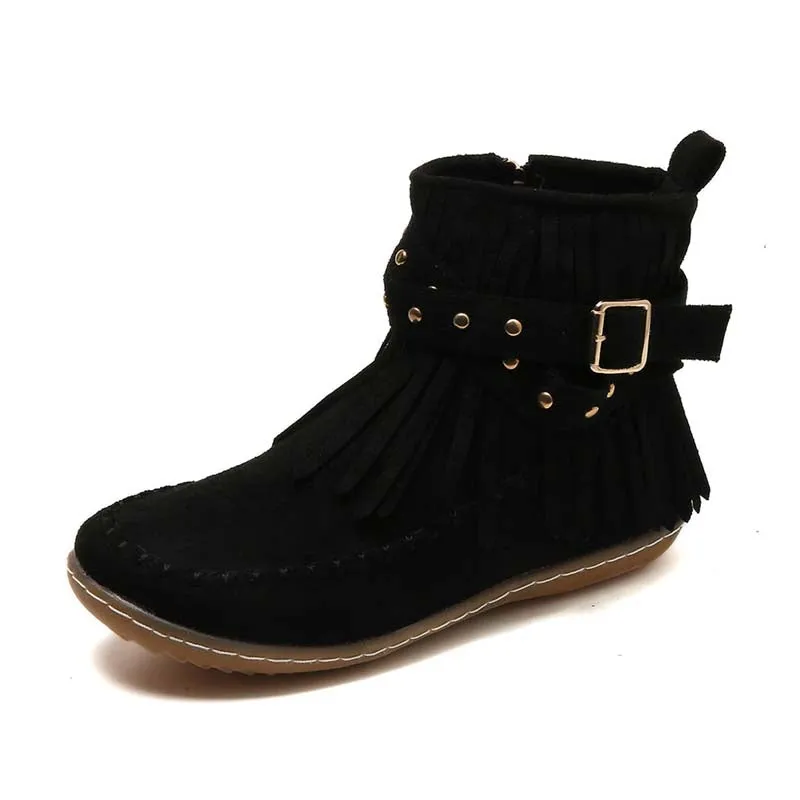 GS Boho Boot | Boho enkellaars met franjes en gespen voor dames